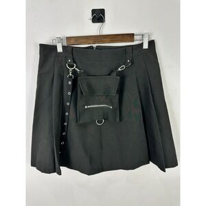 Goth Black Pleated Mini Skirt  Medium Detachable Cargo Pocket Chain Alt Edgy